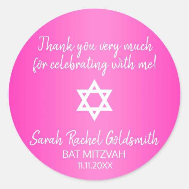 Hot Pink Star of David Bat Mitzvah Seals (Front)