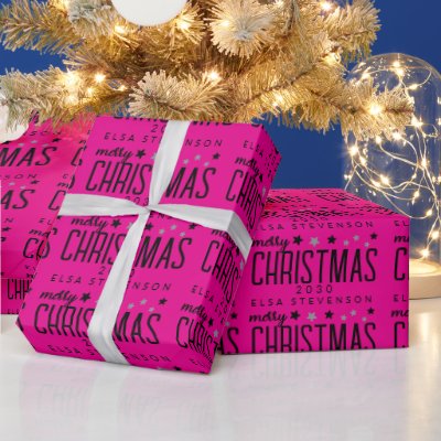 Hot Pink Star Pattern Merry Christmas Text Wrapping Paper