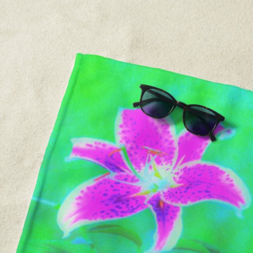 Hot Pink Stargazer Lily on Turquoise and Green Beach Towel