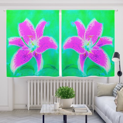 Hot Pink Stargazer Lily on Turquoise and Green Blackout Curtains