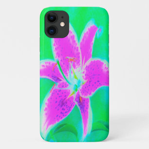 Hot Pink Stargazer Lily on Turquoise and Green iPhone 11 Case