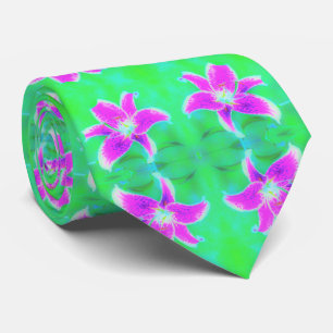 Hot Pink Stargazer Lily on Turquoise and Green Neck Tie