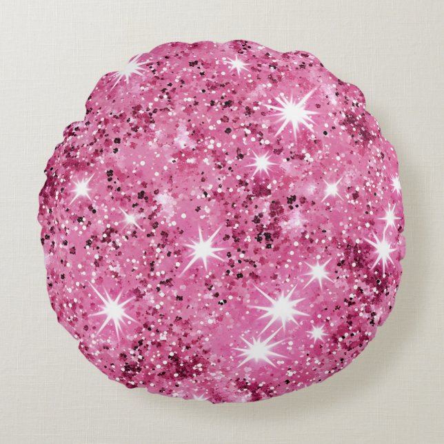  Hot Pink Stars Sequin Glitter  Round Pillow (Front)