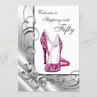 Hot Pink Stepping Into 50 Birthday Party Invitation