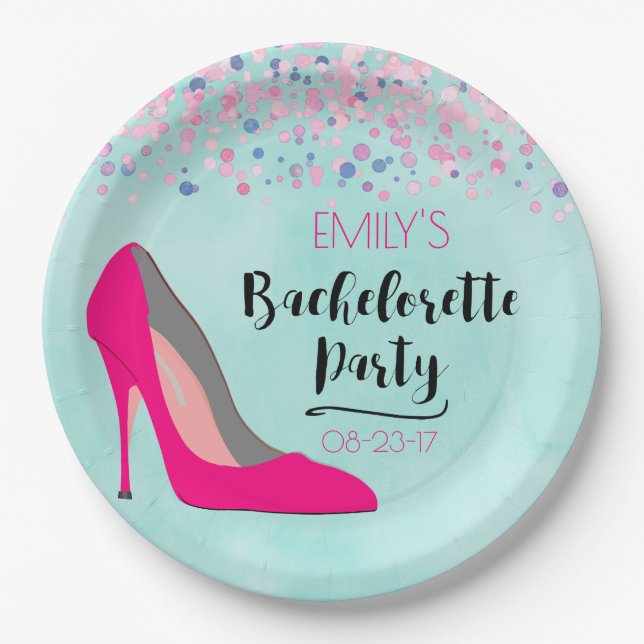 Hot Pink Stiletto High Heel  Bachelorette Party Paper Plates (Front)