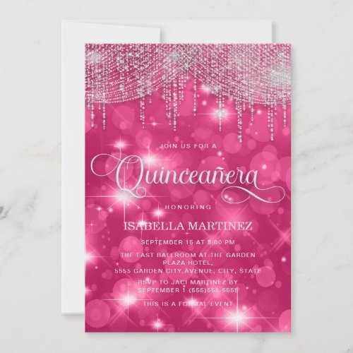 Hot Pink String Lights Sparkle Quinceaera Invitation