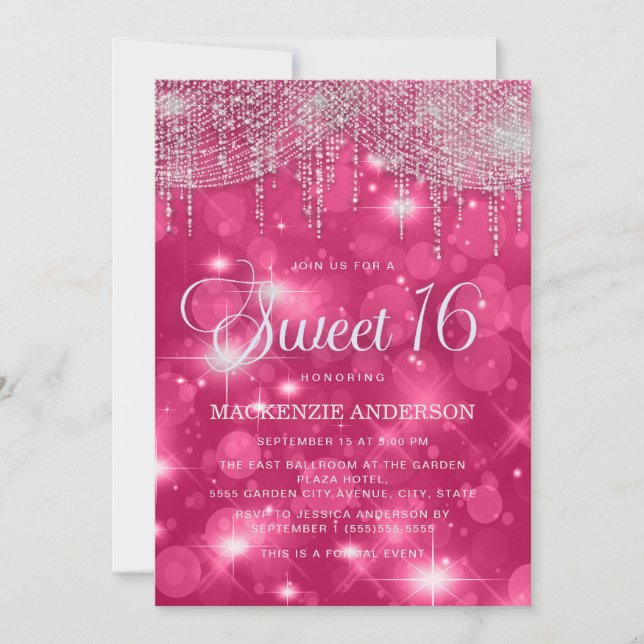 Hot Pink String Lights Sparkle Sweet 16 Invitation (Front)