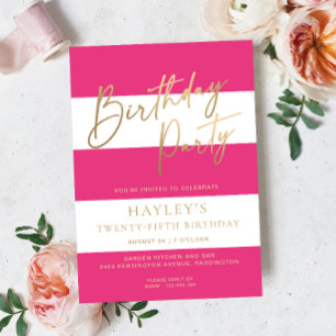 Hot Pink Stripe Birthday Foil Invitation