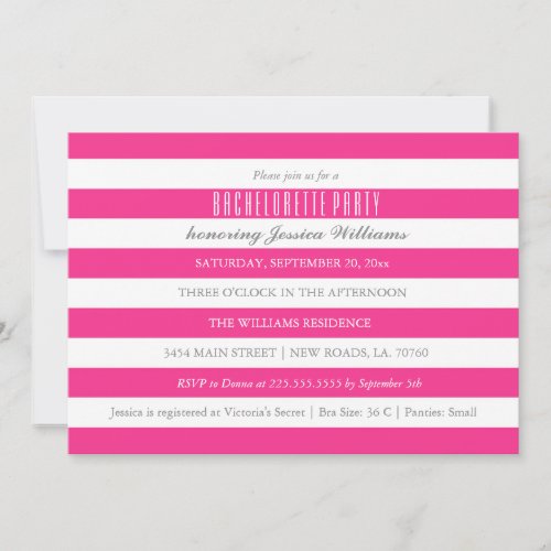 Hot Pink Striped Bachelorette Party Invitations