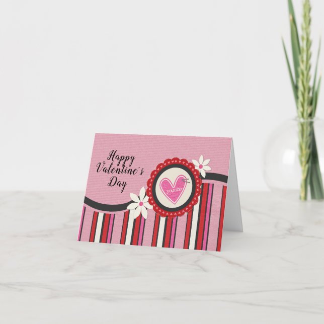 Hot Pink Stripes and Flowers Valentine Holiday Card (Front)