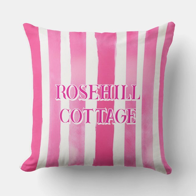 Hot Pink Stripes Editable Text Outdoor Pillow (Front)