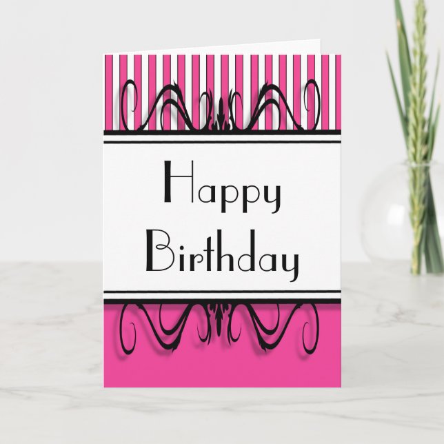 Hot Pink Stripes Happy Birthday Card (Front)
