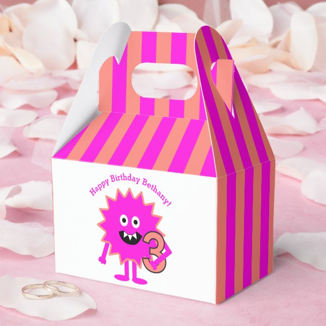 Hot Pink Stripes Little Monster Girl 3rd Birthday Favor Boxes (Wedding)