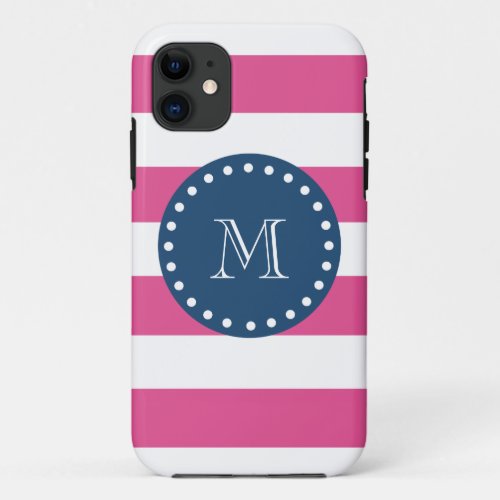 Hot Pink Stripes Pattern Navy Blue Monogram iPhone 11 Case