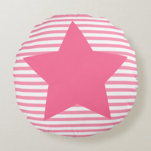 Hot Pink Stripes  Pink Star _ Round Pillow