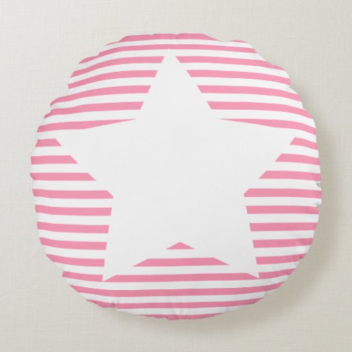 Hot Pink Stripes  White Star _ Round Pillow