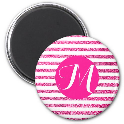 Hot Pink Stripes with Customizable Monogram Magnet