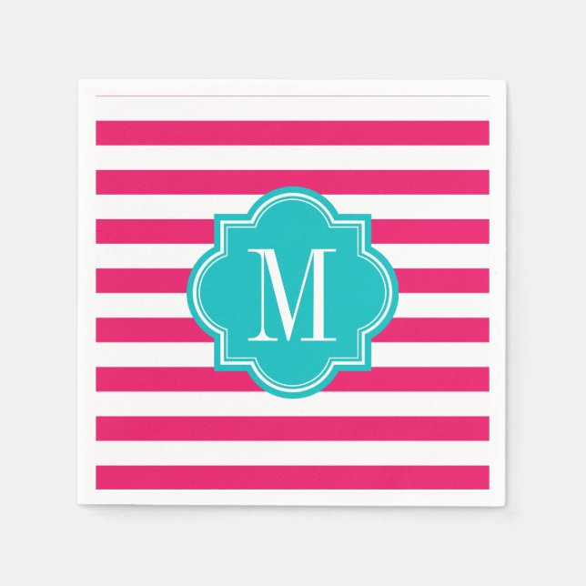 Hot Pink Stripes with Teal Monogram Napkins (Front)