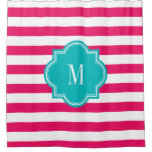 Hot Pink Stripes With Teal Monogram Shower Curtain at Zazzle