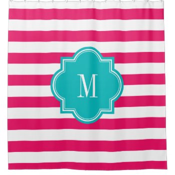 Hot Pink Stripes With Teal Monogram Shower Curtain by PastelCrown at Zazzle
