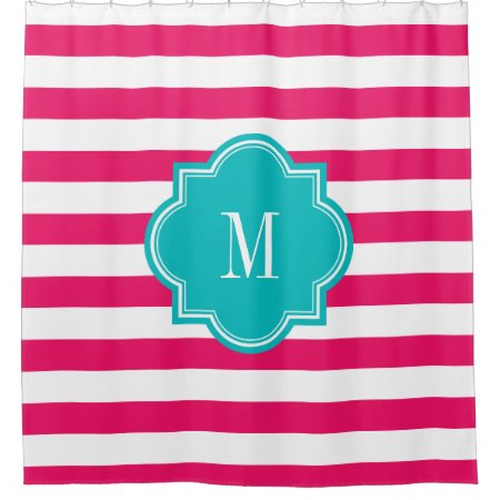 Hot Pink Stripes With Teal Monogram Shower Curtain