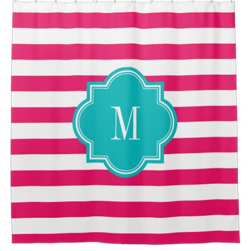 Hot Pink Stripes with Teal Monogram Shower Curtain