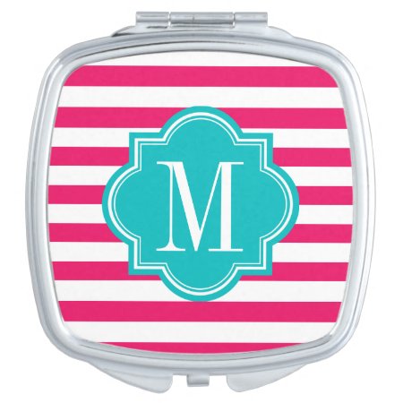 Hot Pink Stripes With Teal Monogram Vanity Mirror
