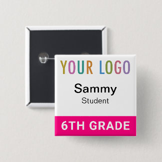 Hot Pink Student Name Tag Button with School Logo