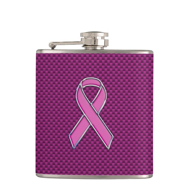 Hot Pink Style Ribbon Awareness Carbon Fiber Hip Flask (Front)
