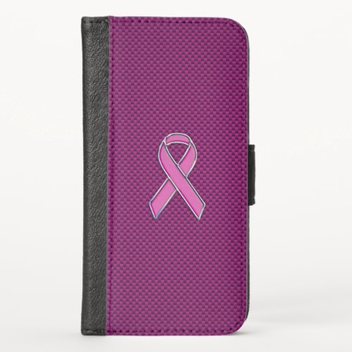 Hot Pink Style Ribbon Awareness Carbon Fiber iPhone X Wallet Case