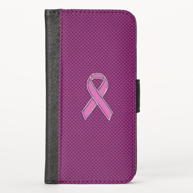 Hot Pink Style Ribbon Awareness Carbon Fiber iPhone Wallet Case (Front)