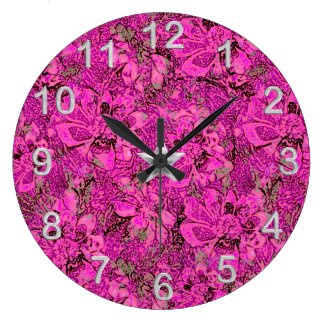 Hot Pink Stylized Floral with Silvery Accents Large Clock