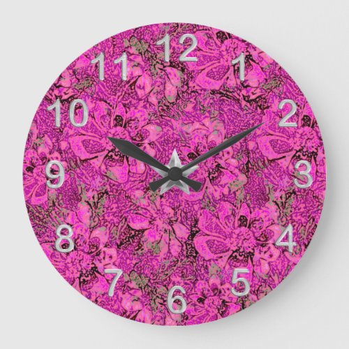Hot Pink Stylized Floral with Silvery Accents Large Clock