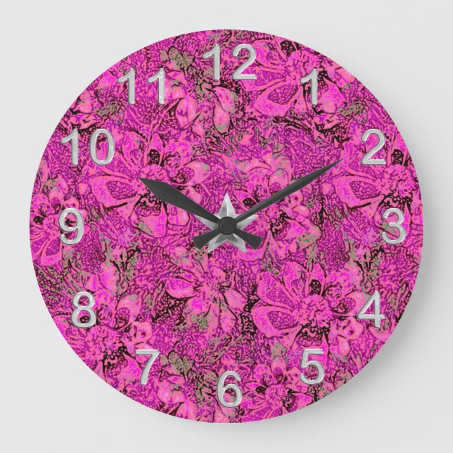 Hot Pink Stylized Floral with Silvery Accents Large Clock (Front)