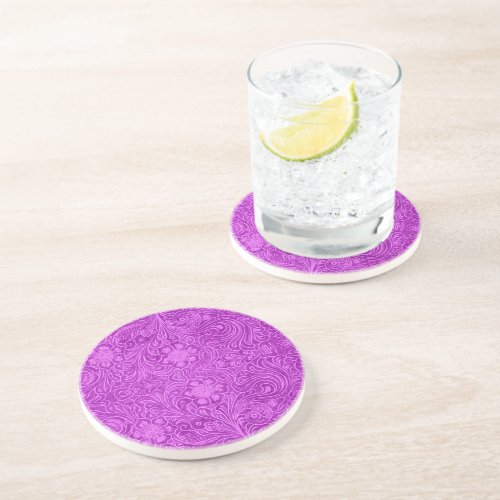 Hot Pink Suede Leather Look Embossed Flowers Drink Coaster