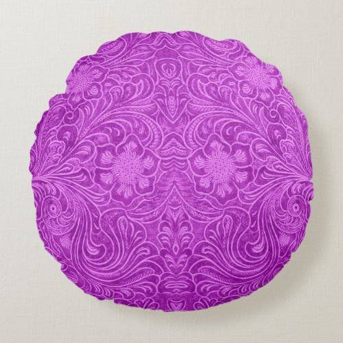 Hot Pink Suede Leather Look Embossed Flowers Round Pillow