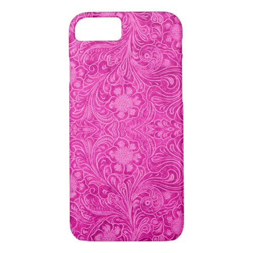 Hot Pink Suede Leather Look Floral Design iPhone 87 Case