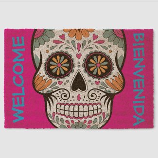 Hot Pink Sugar Skull 'Day of the Dead' Coir Fiber Doormat
