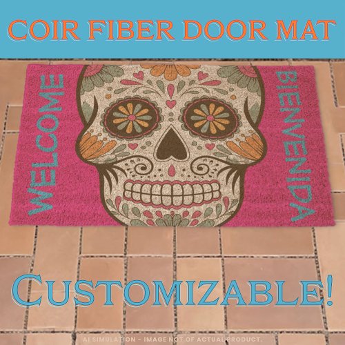 Hot Pink Sugar Skull 'Day of the Dead' Coir Fiber Fiber Doormat
