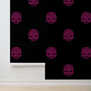 Hot Pink Sugar Skulls on Solid Black Wallpaper