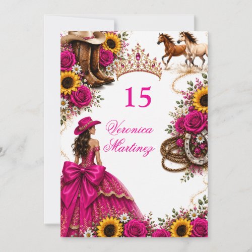 Hot Pink Sunflower Fuchsia Vaquera Quinceañera  Invitation