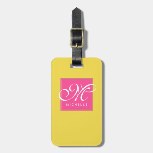 Hot Pink  Sunny Yellow Script Monogram Luggage Tag