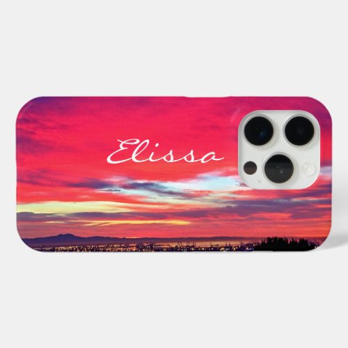 Hot Pink Sunset Coastal Landscape Script Name Bold iPhone 15 Pro Case