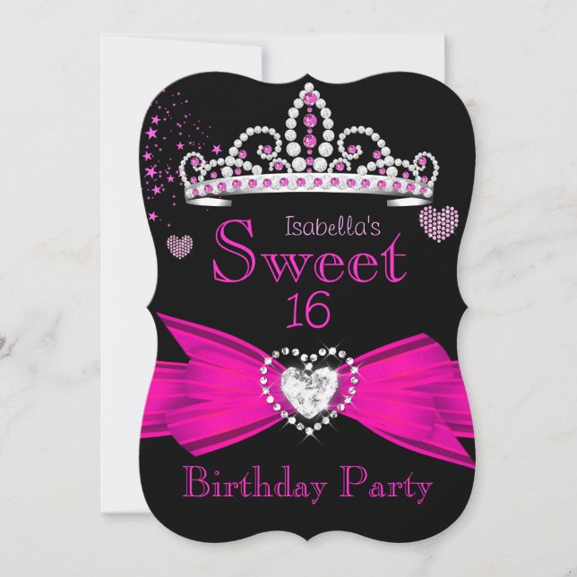Hot Pink Sweet 16 Birthday Diamond Tiara 2 Invitation (Front)