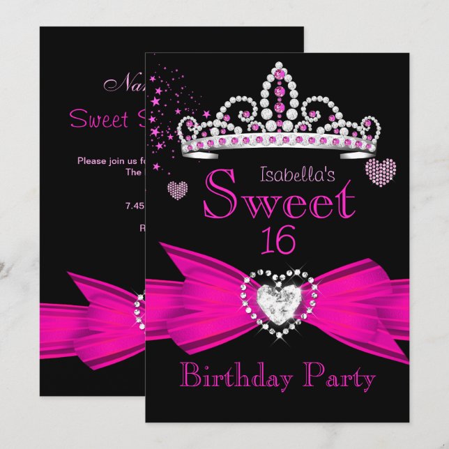 Hot Pink Sweet 16 Birthday Diamond Tiara 2 Invitation (Front/Back)