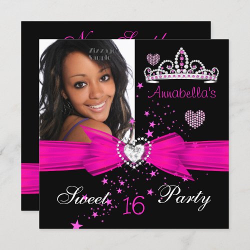 Hot Pink Sweet 16 Birthday Diamond Tiara Photo Invitation