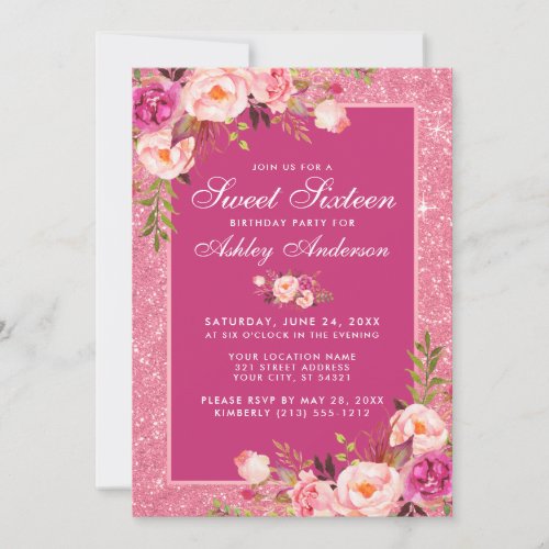 Hot Pink Sweet 16 Birthday Floral Glitter Invitation