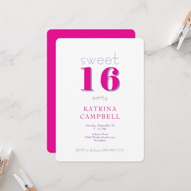 Hot Pink Sweet 16 Birthday Party Invitation (Front/Back In Situ)