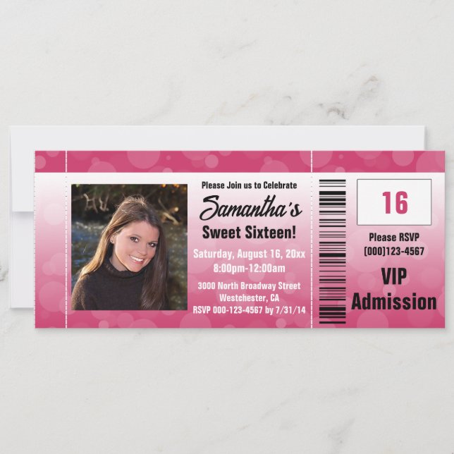 Hot Pink Sweet Sixteen Photo Ticket Invitation (Front)