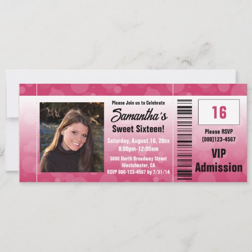 Hot Pink Sweet Sixteen Photo Ticket Invitation